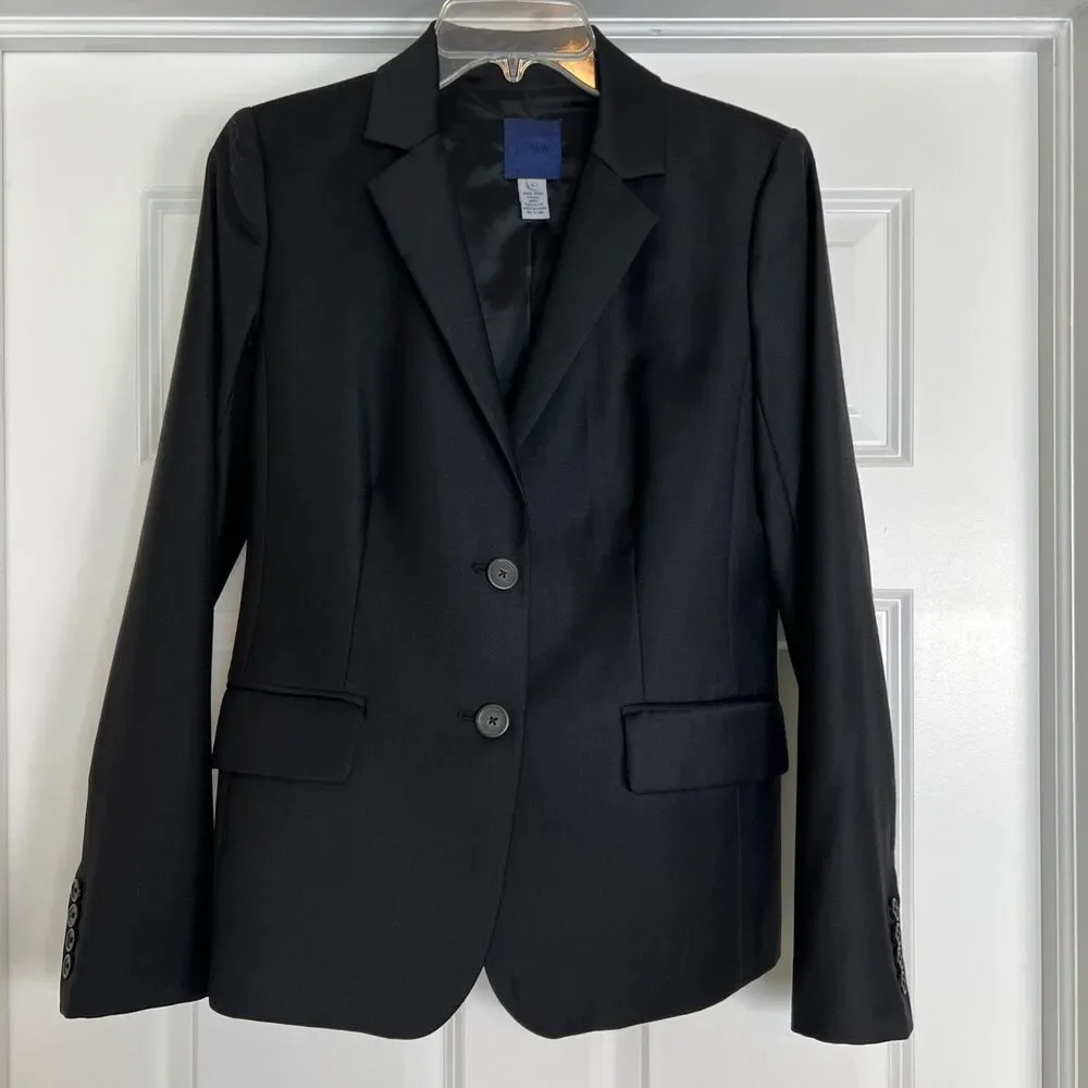 J. Crew Super 120s Blazer Womens Size 4 Black 100% Wool Lined Two Button Jacket